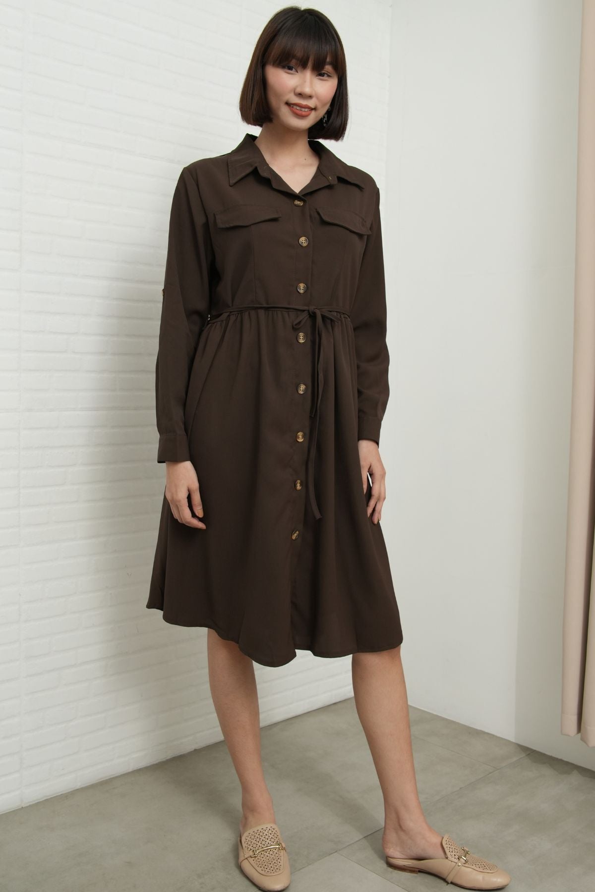 ZOYA Long-Sleeve Buttondown Shirt Dress (Chocolate Brown)