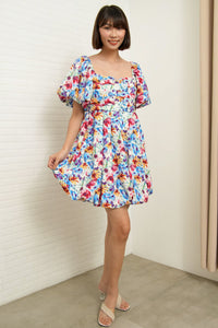 ANYA Pleated Puff-Sleeve Floral Dress (Blue Violet)