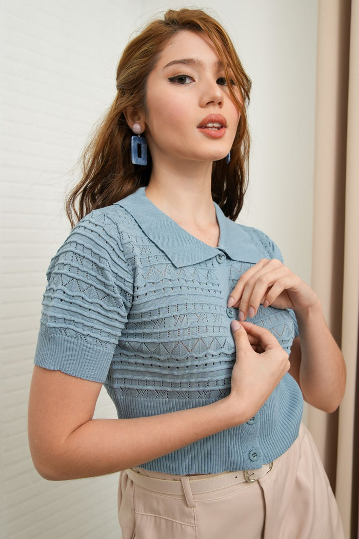 MARYAM Textured Knit Crop Shirt (Dusty Blue)