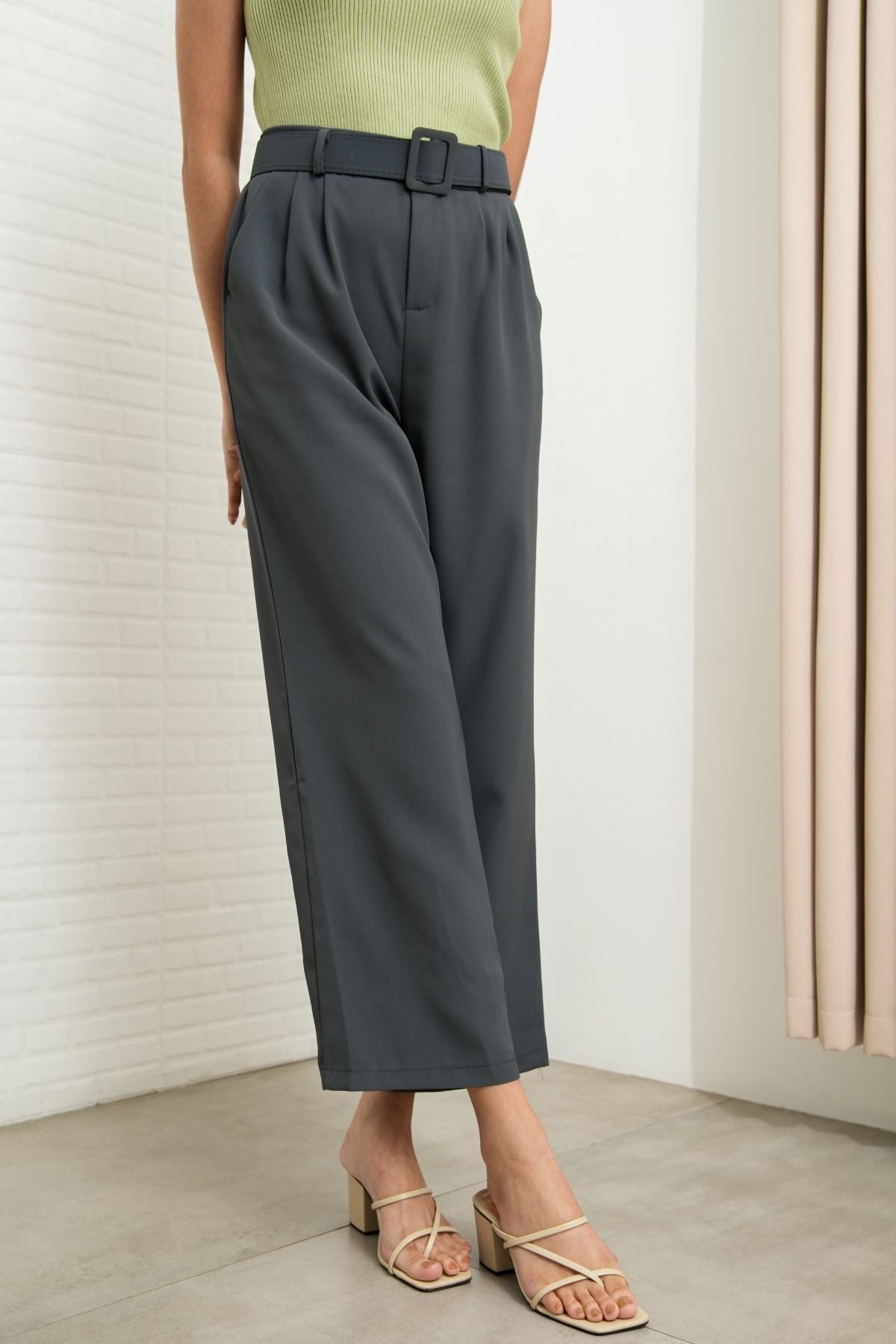SASKIA Belted High-Waist Tailored Trousers (Steel Gray)