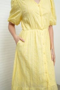 JURIA Puff-Sleeve Button-Down Broderie Dress (Pastel Yellow)
