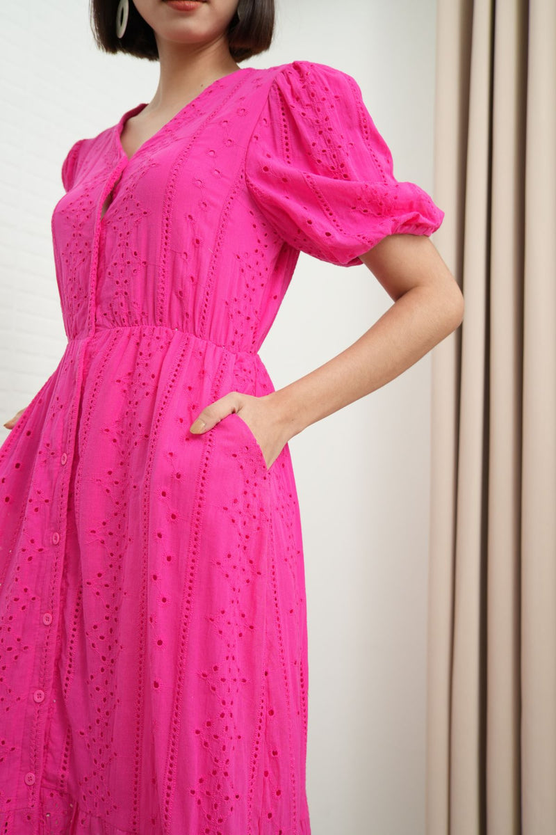 JURIA Puff-Sleeve Button-Down Broderie Dress (Magenta Pink)