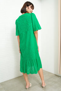 CERYS V-Neck Flutter-Sleeve Eyelet Dress (Jade Green)