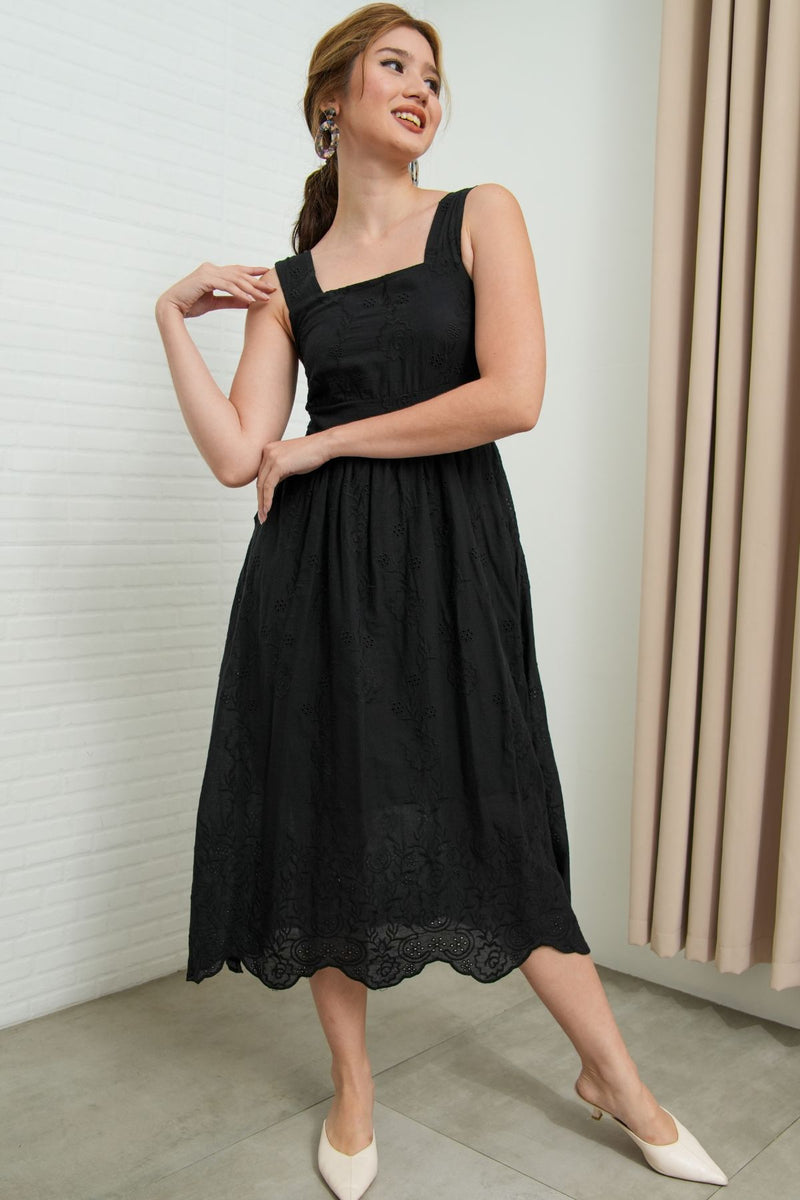 SOLEIL Sleeveless Eyelet Midi Dress (Black)