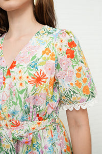 LENA Tie-Waist Tiered Broderie Floral Dress