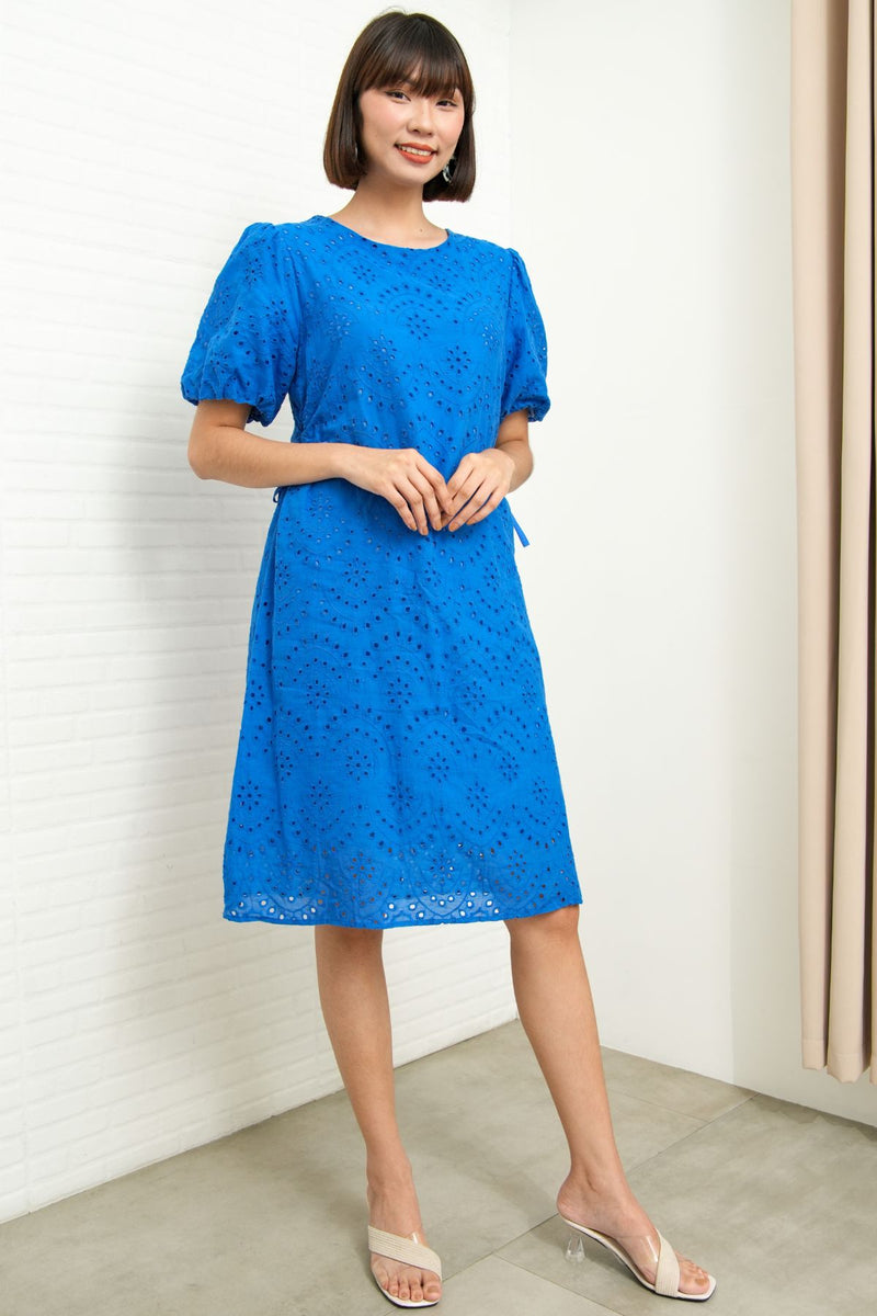 EMMELINE Puff-Sleeve Cut-out Broderie Midi Dress (Electric Blue)