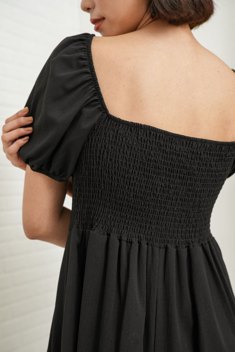 ODESSA Puff-Sleeve Padded Dress (Black)