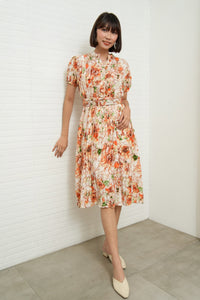 AGNES Belted Pleated Floral Dress