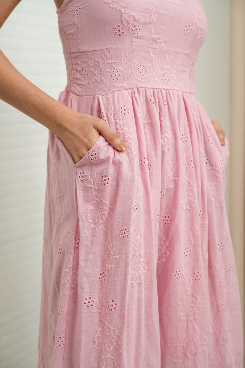 SOLEIL Sleeveless Eyelet Midi Dress (Blush Pink)