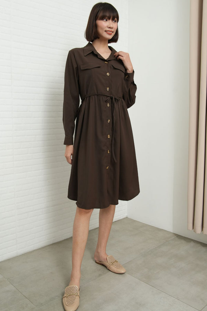 ZOYA Long-Sleeve Buttondown Shirt Dress (Chocolate Brown)