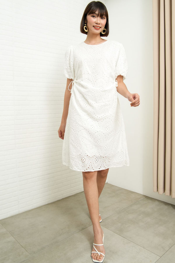 EMMELINE Puff-Sleeve Cut-out Broderie Midi Dress (White)