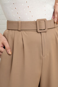 SASKIA Belted High-Waist Tailored Trousers (Latte Brown)