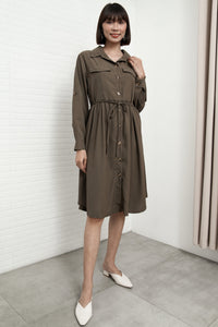 ZOYA Long-Sleeve Buttondown Shirt Dress (Olive Brown)