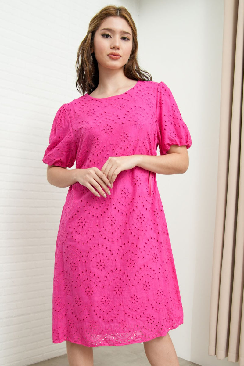EMMELINE Puff-Sleeve Cut-out Broderie Midi Dress (Magenta Pink)