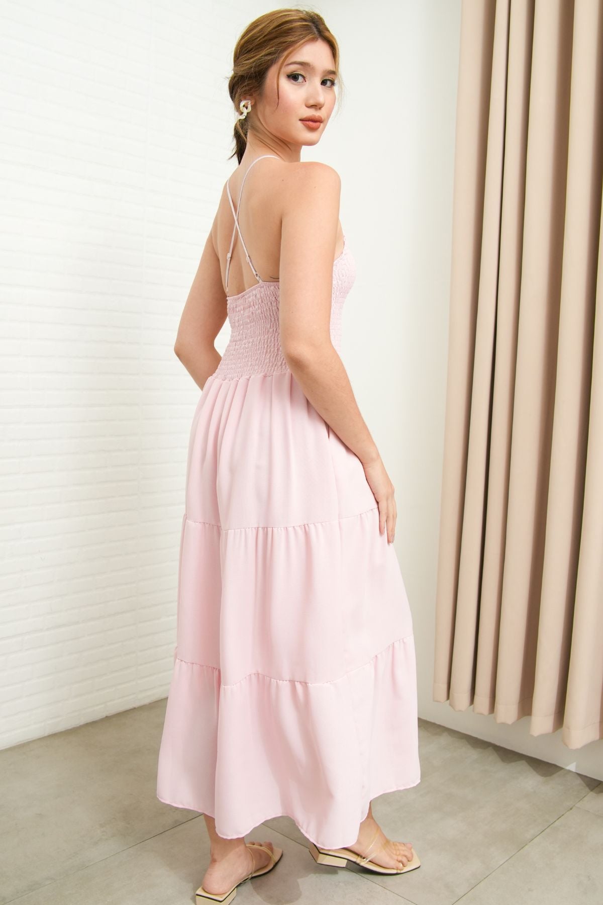 RAMONA Smocked Halter Criss-cross Back Dress (Light Pink)