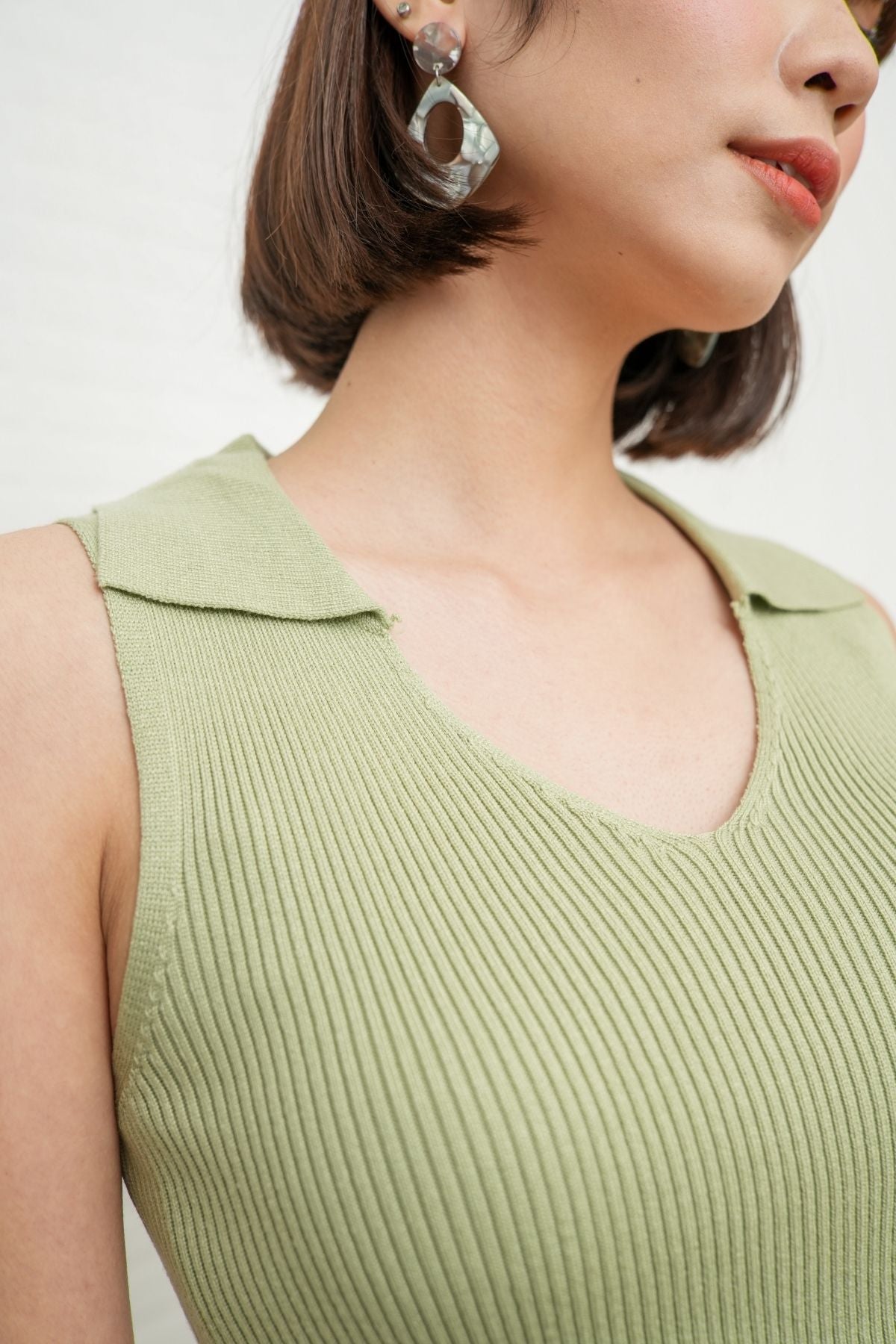 GIGI Sleeveless Collared Rib-Knit Top (Pistachio Green)