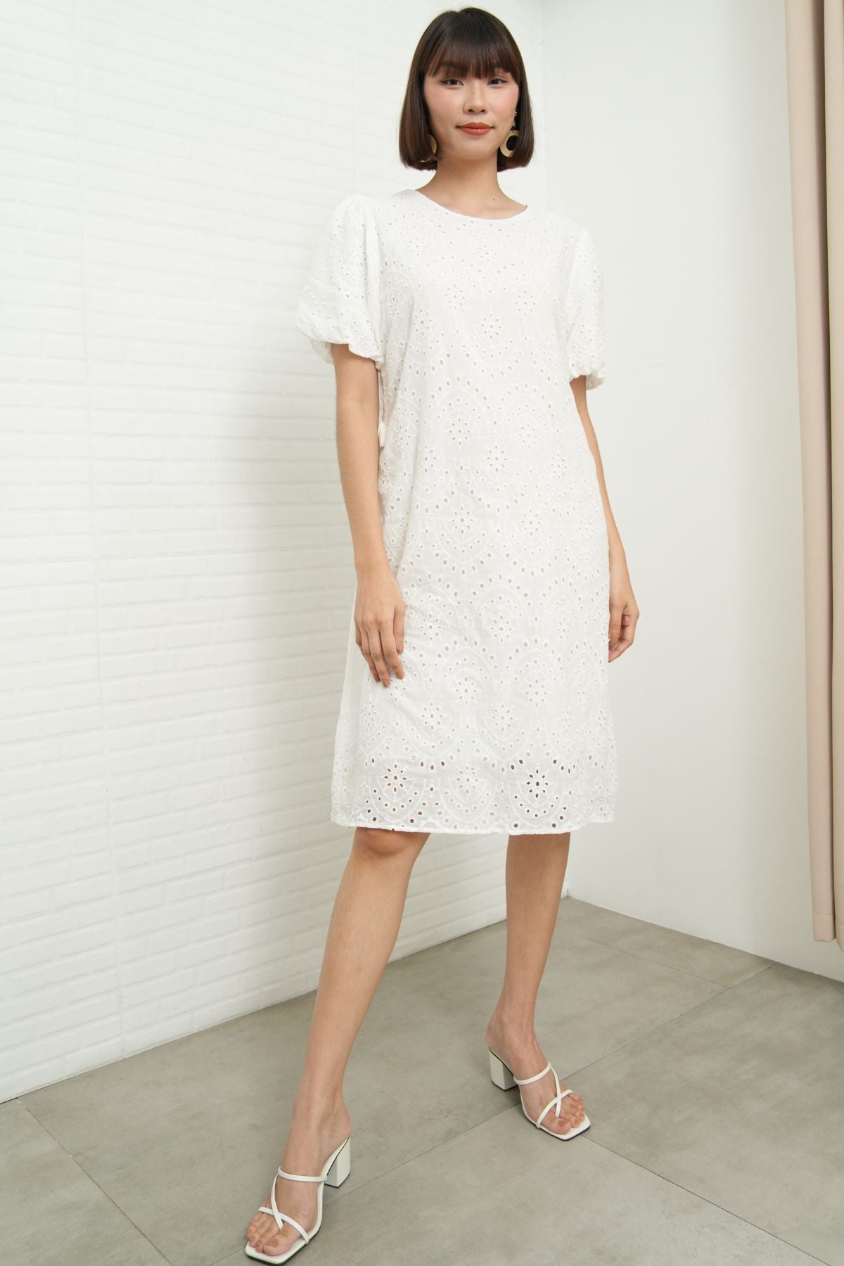 EMMELINE Puff-Sleeve Cut-out Broderie Midi Dress (White)