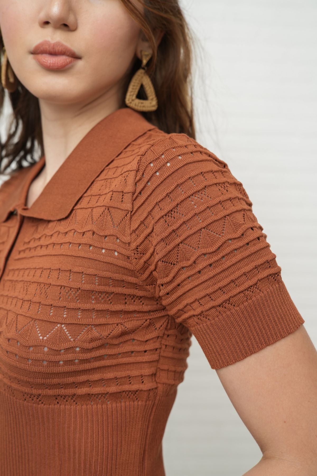 MARYAM Textured Knit Crop Shirt (Russet Brown)
