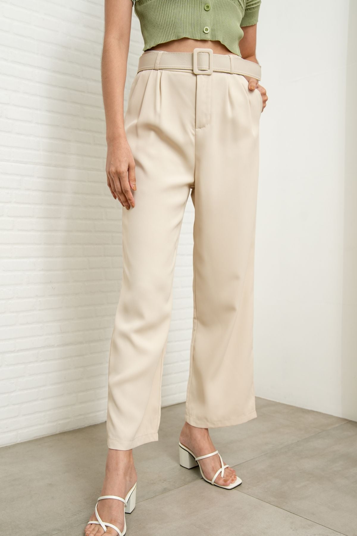 SASKIA Belted High-Waist Tailored Trousers (Bone White) – 1930