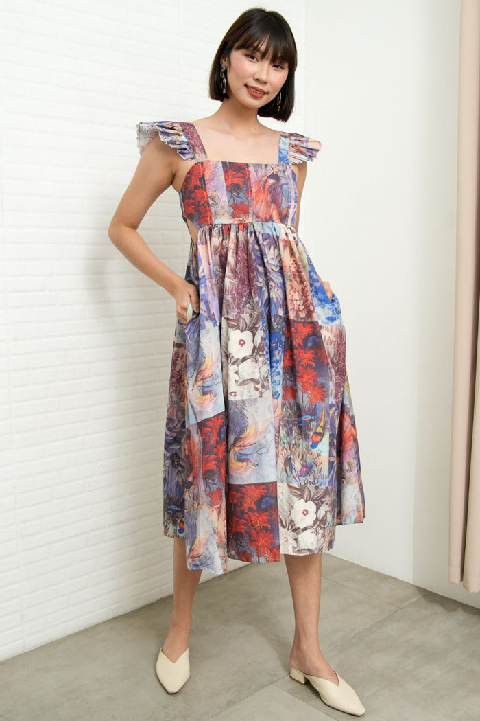 BEATRICE Flutter-Sleeve Midi Dress (Vintage Patchwork)