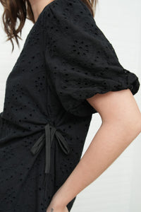 EMMELINE Puff-Sleeve Cut-out Broderie Midi Dress (Black)