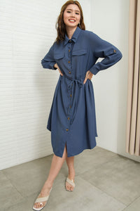 ZOYA Long-Sleeve Buttondown Shirt Dress (Midnight Blue)