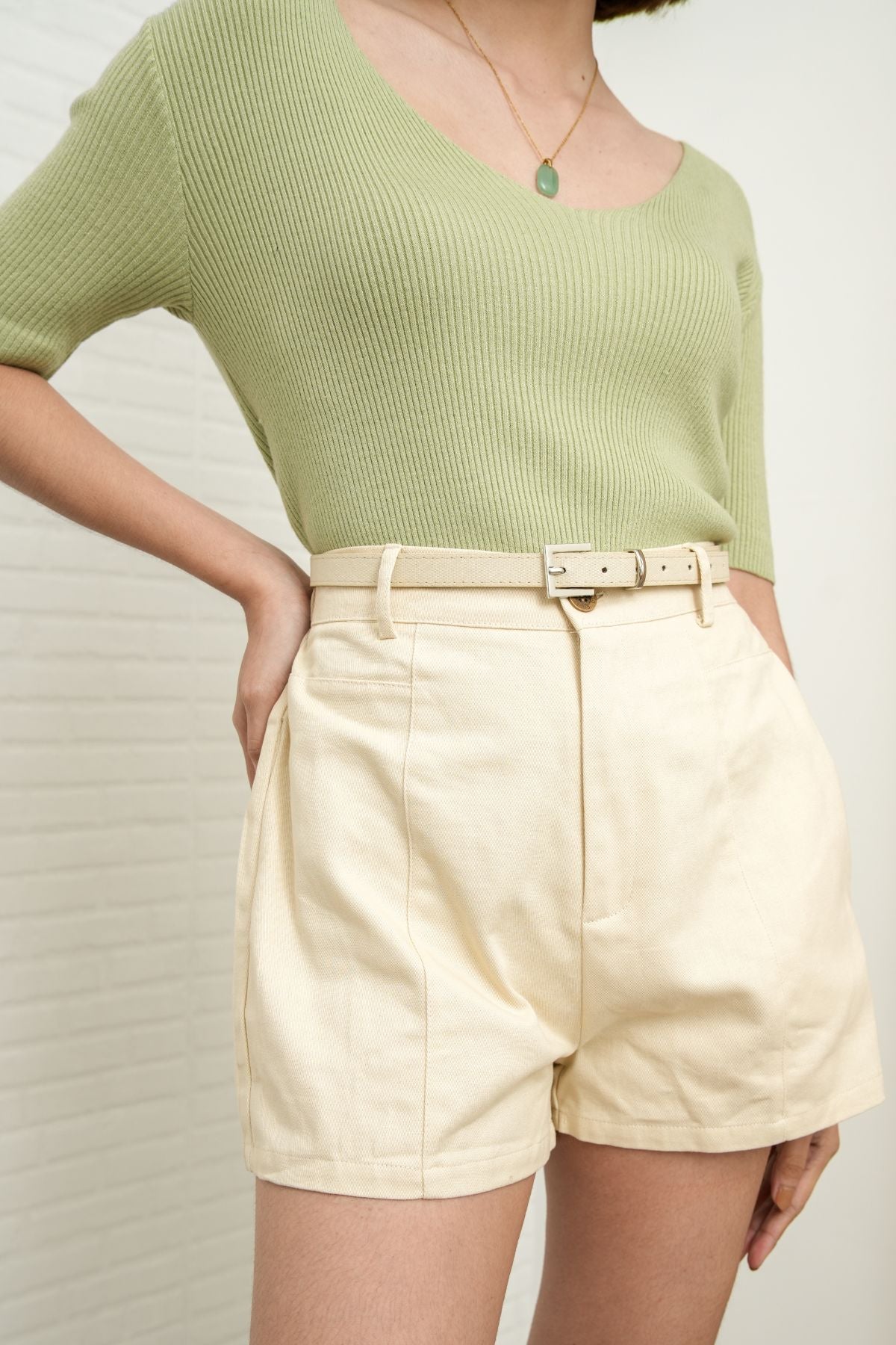 DARCY Tailored High Waist Belted Shorts (Light Khaki)