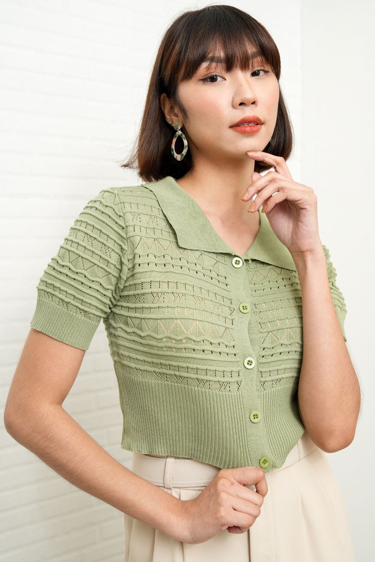 MARYAM Textured Knit Crop Shirt (Sage Green)