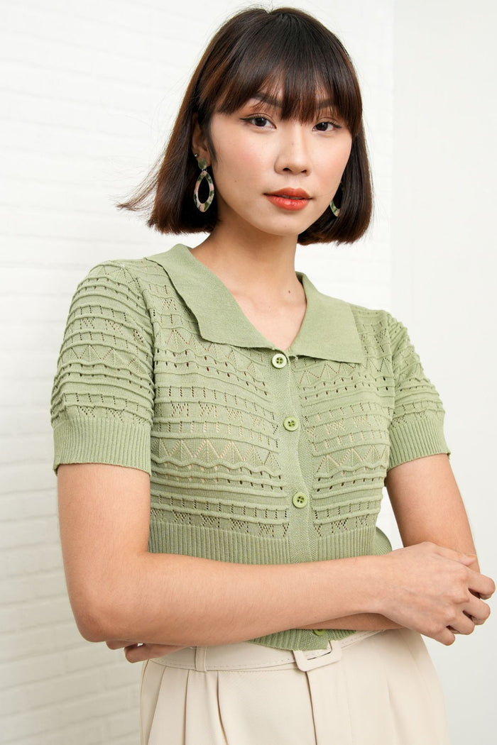 MARYAM Textured Knit Crop Shirt (Sage Green)