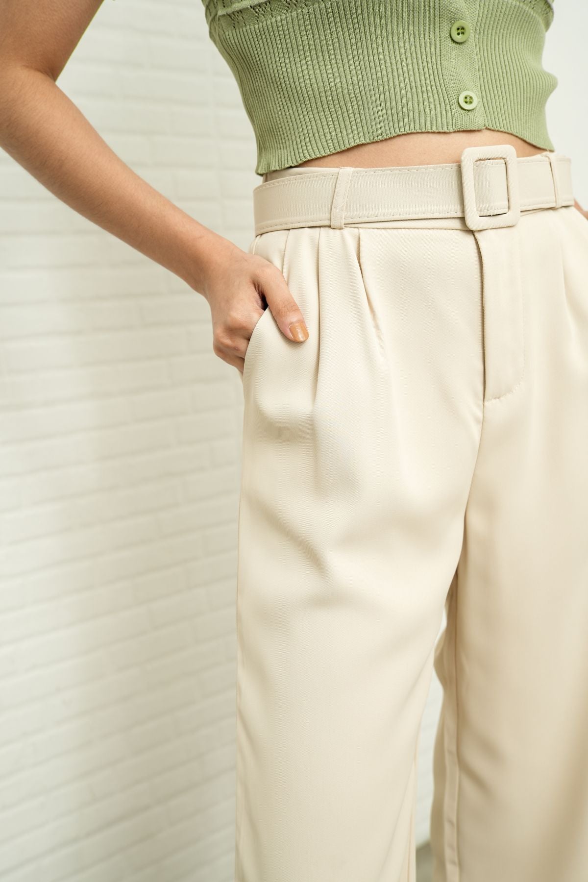 SASKIA Belted High-Waist Tailored Trousers (Bone White)