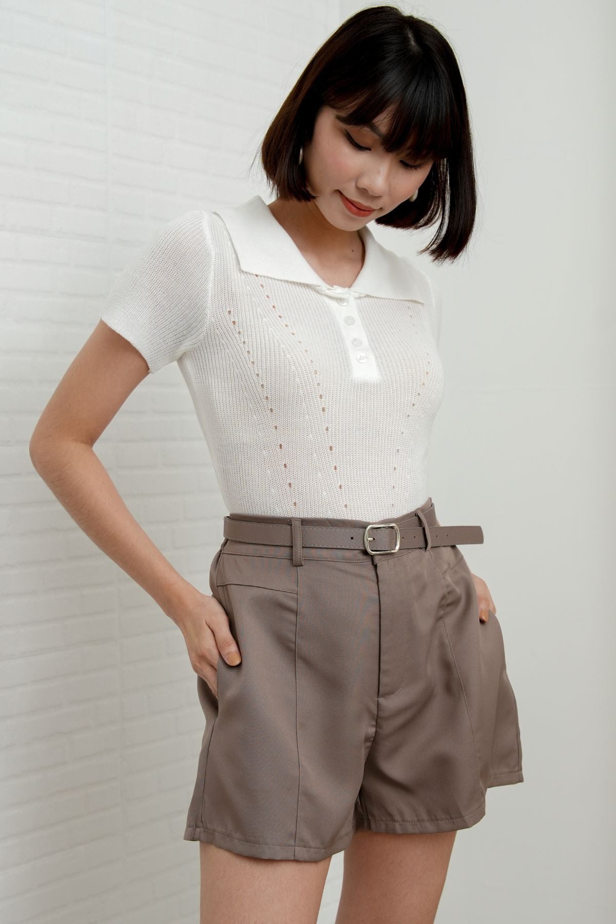 INEJ Belted Tailored Shorts (Taupe Brown)
