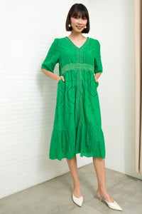 CERYS V-Neck Flutter-Sleeve Eyelet Dress (Jade Green)