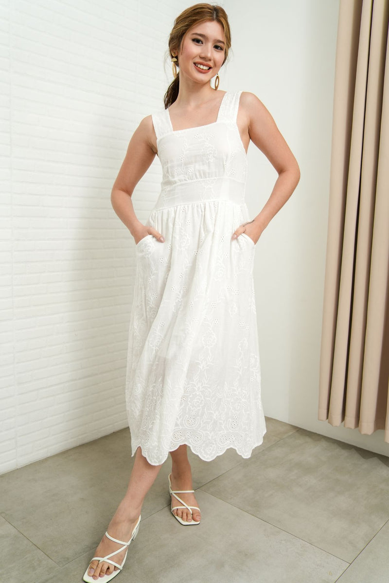 SOLEIL Sleeveless Eyelet Midi Dress (White)