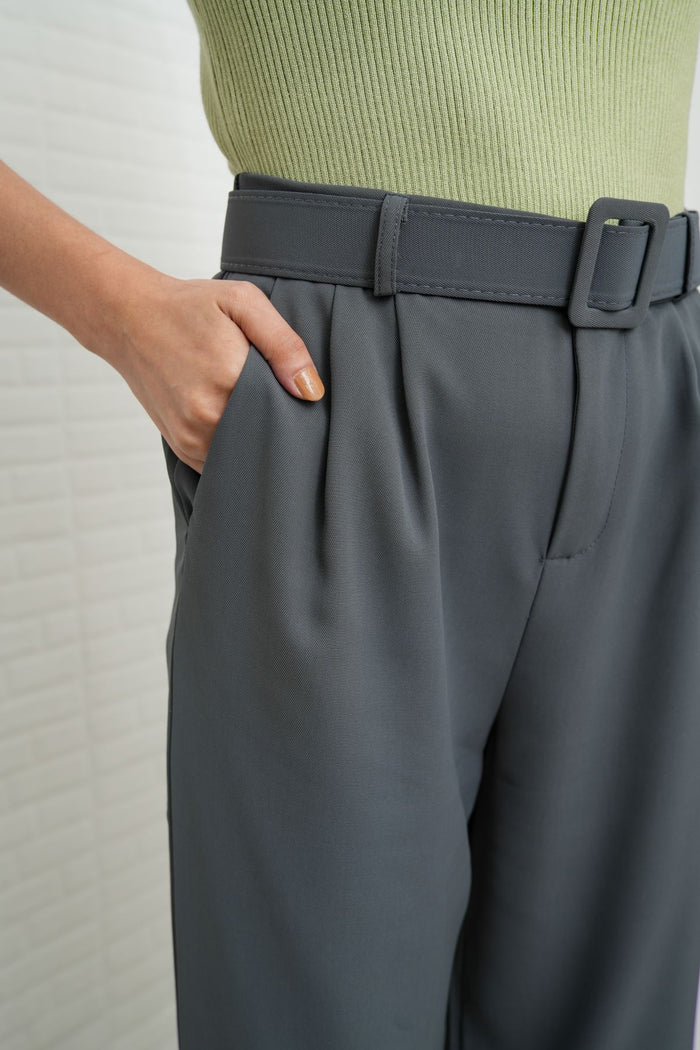SASKIA Belted High-Waist Tailored Trousers (Steel Gray)