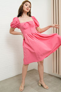 ODESSA Puff-Sleeve Padded Dress (Flamingo Pink)