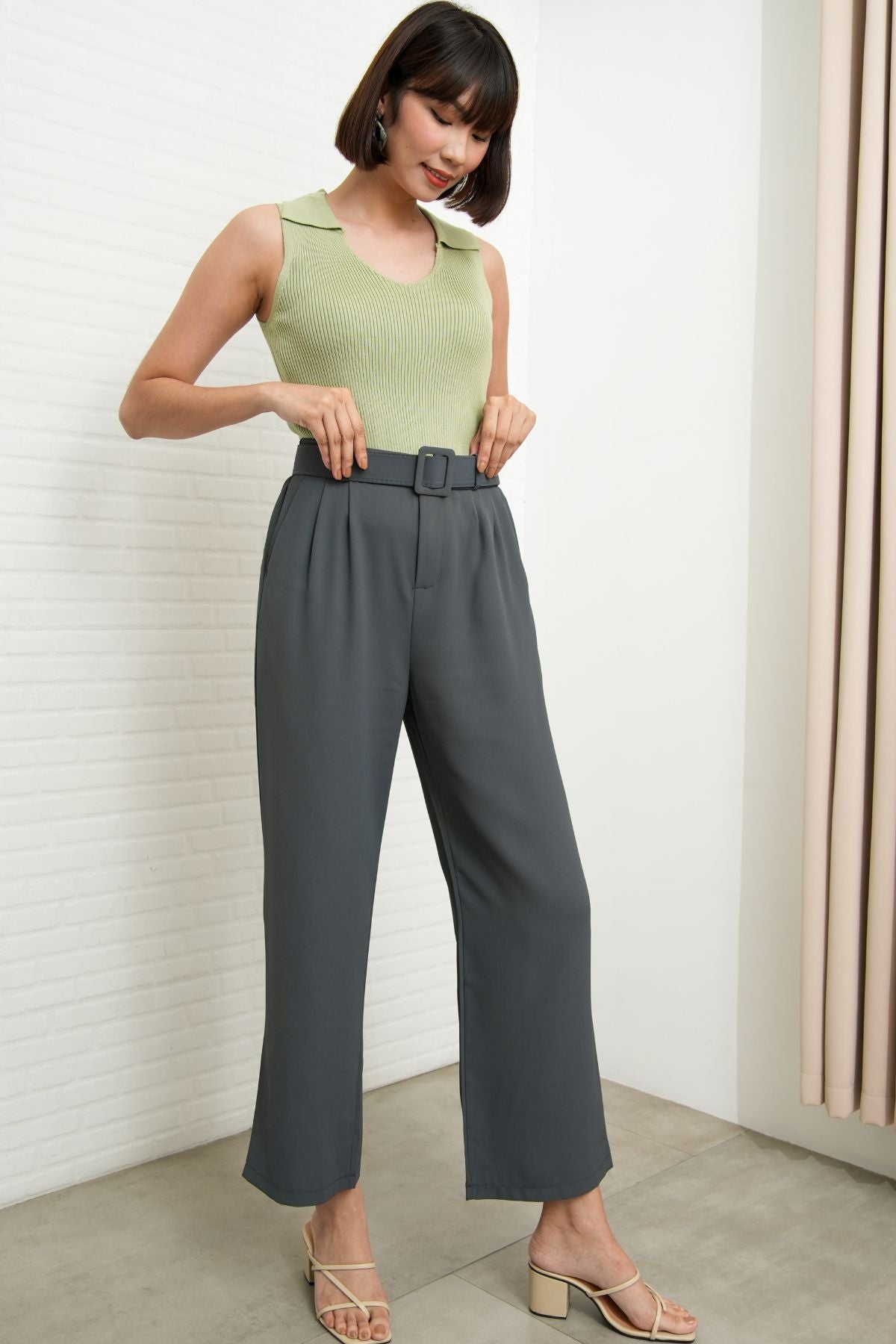 SASKIA Belted High-Waist Tailored Trousers (Steel Gray)