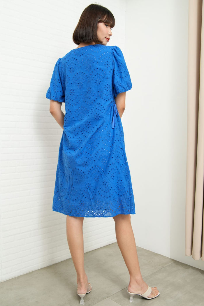 EMMELINE Puff-Sleeve Cut-out Broderie Midi Dress (Electric Blue)