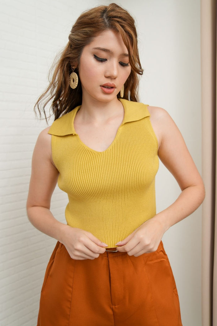 GIGI Sleeveless Collared Rib-Knit Top (Saffron Yellow)