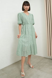 JURIA Puff-Sleeve Button-Down Broderie Dress (Sage Green)