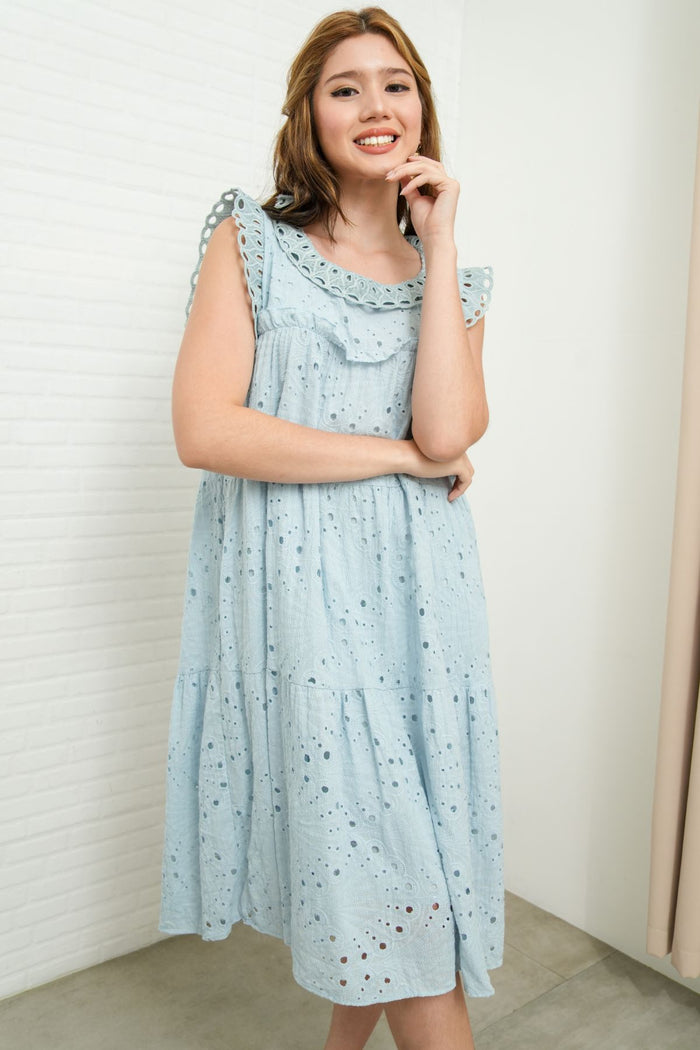 MAREN Tiered Broderie Midi Dress (Powder Blue)