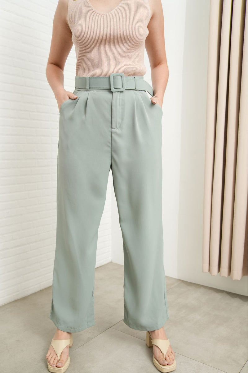 SASKIA Belted High-Waist Tailored Trousers (Sage Green)