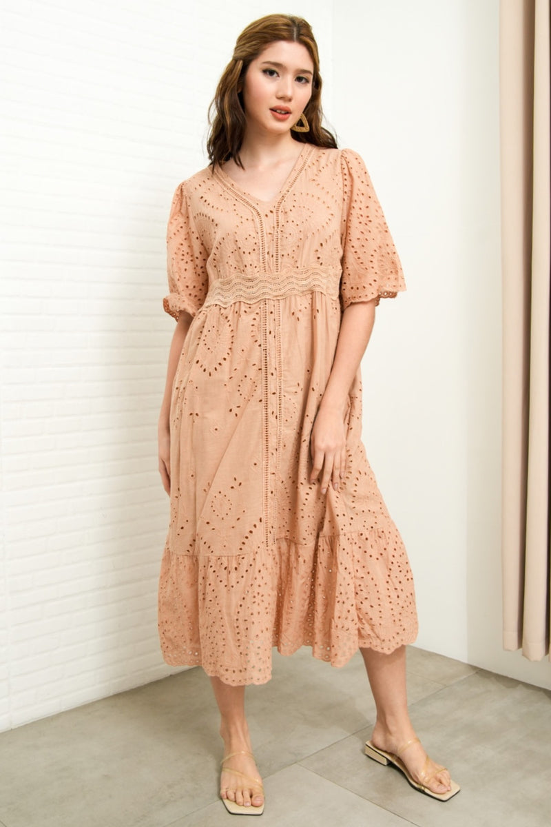 CERYS V-Neck Flutter-Sleeve Eyelet Dress (Nude Brown) 1930 Clothing CERYS V-Neck Flutter-Sleeve Eyelet Dress (Nude Brown) 1930 Clothing