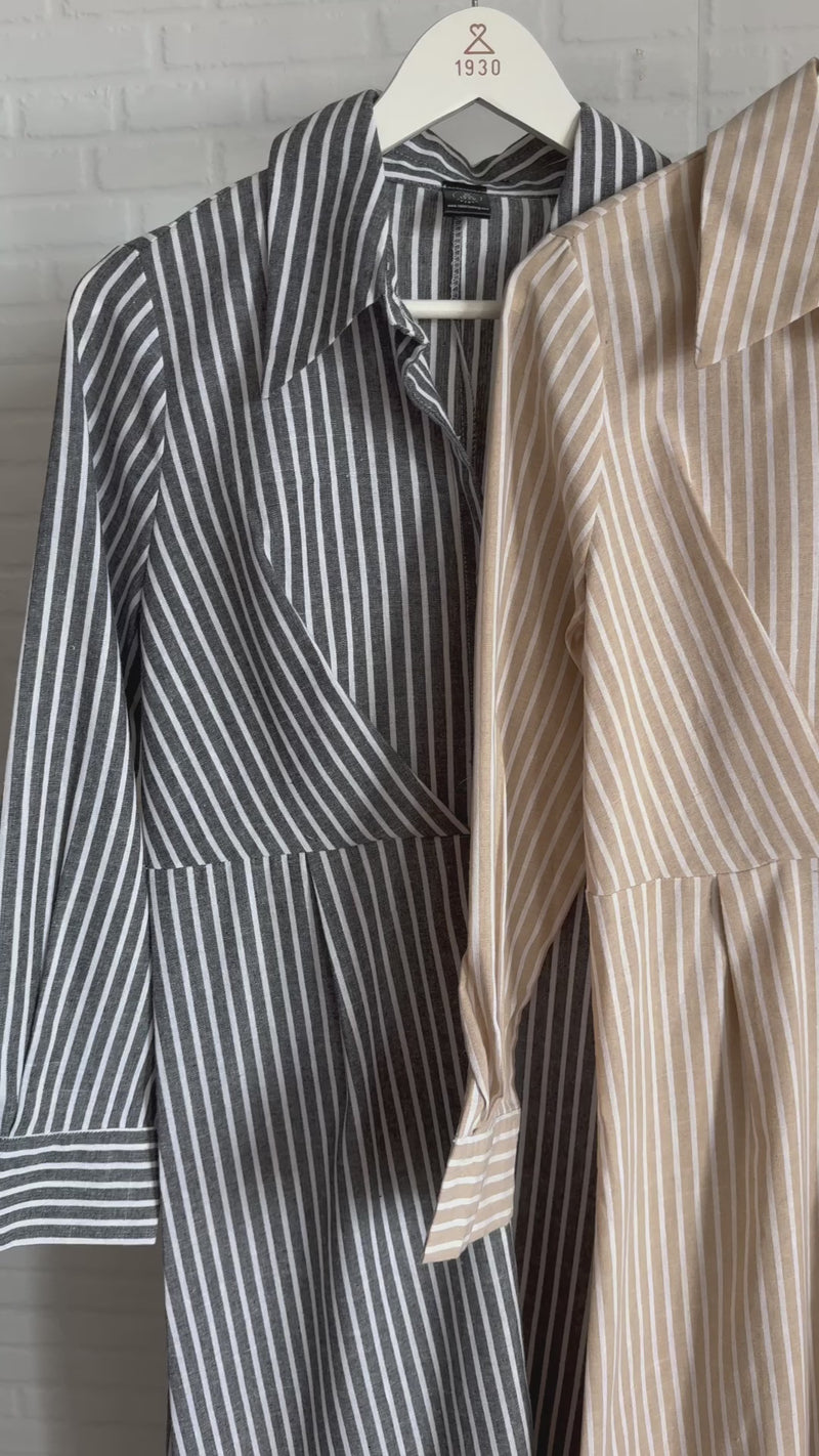 SKYLAR Striped Button-Down Dress W/ Belt (Latte Brown)