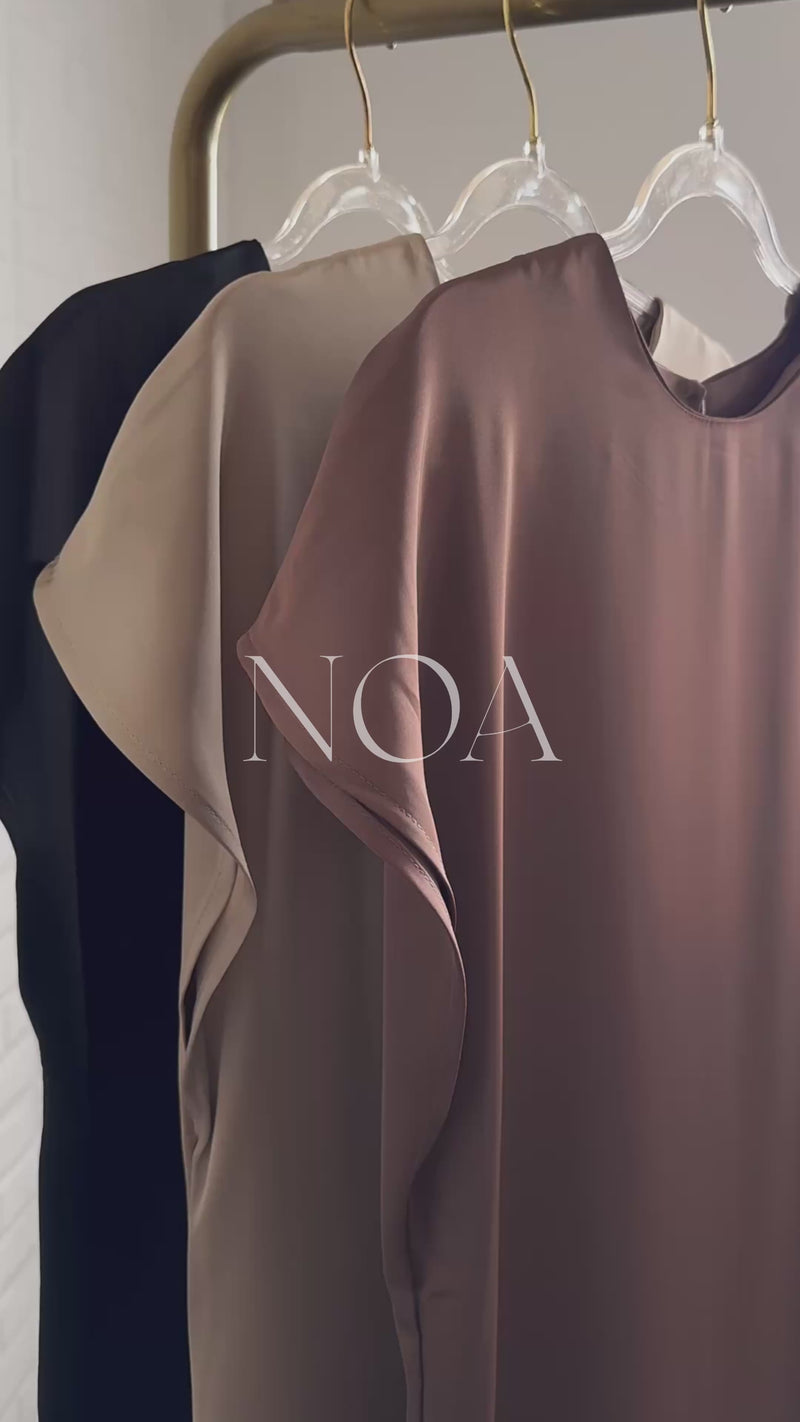 NOA Satin Midi Dress with Deep Back Slit (Champagne Beige)