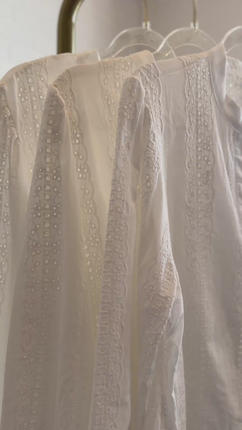 THEA Embroidered V-Neck Eyelet Blouse (White)