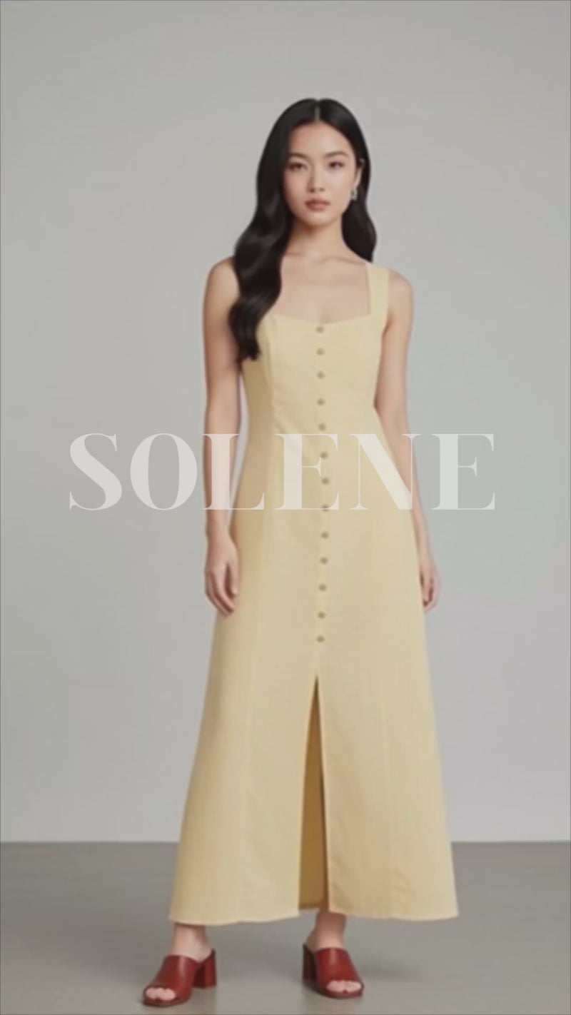 SOLENE Linen Button-Front Midi Dress (Coral Pink)