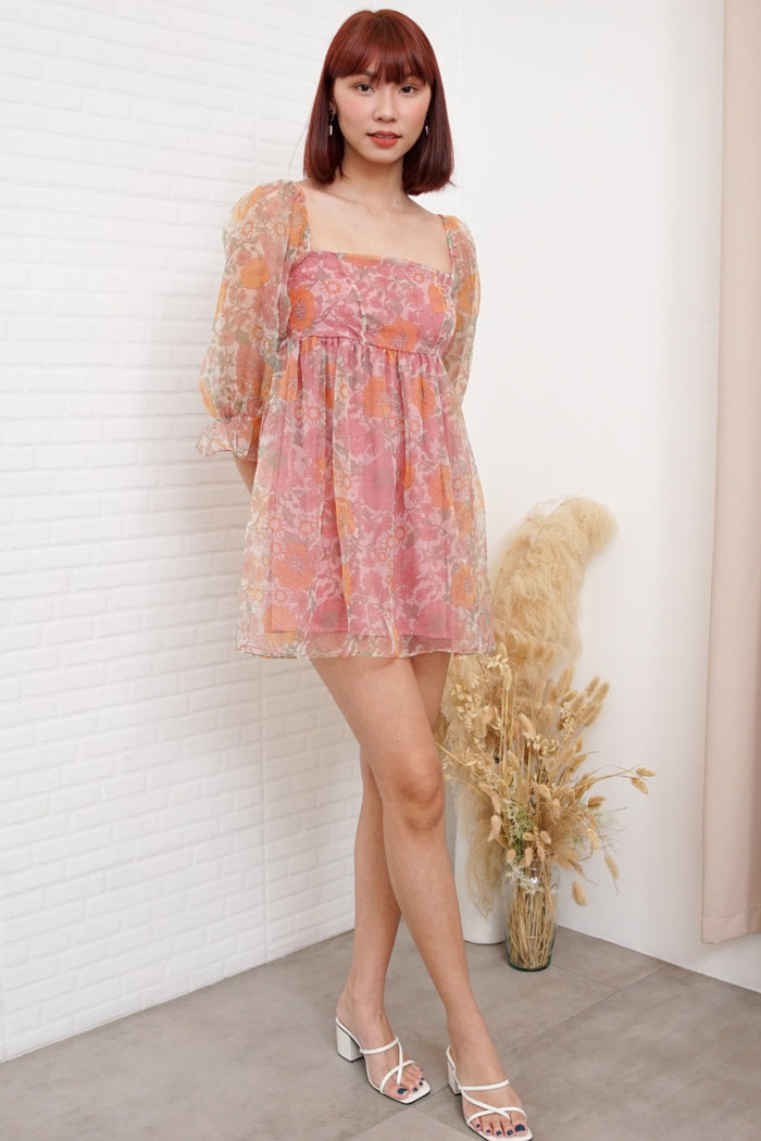 LILITH Puff-Sleeve Floral Organza Baby Doll Dress