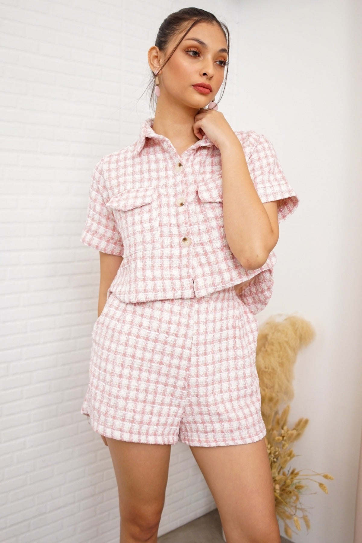 LEIGHTON Front-Pocket Tweed Blazer Top & Shorts Co-ord (Pink)