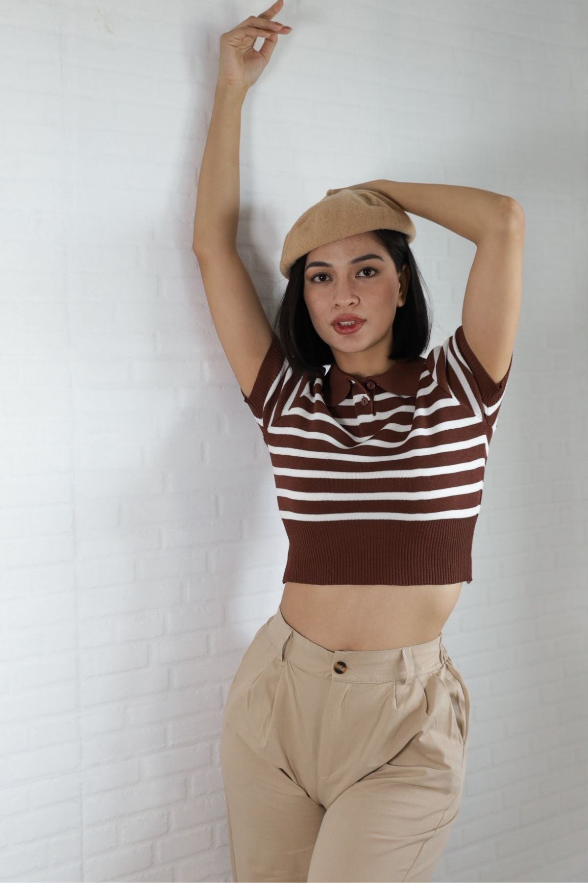 RUE Striped Knit Polo Shirt (Brown)