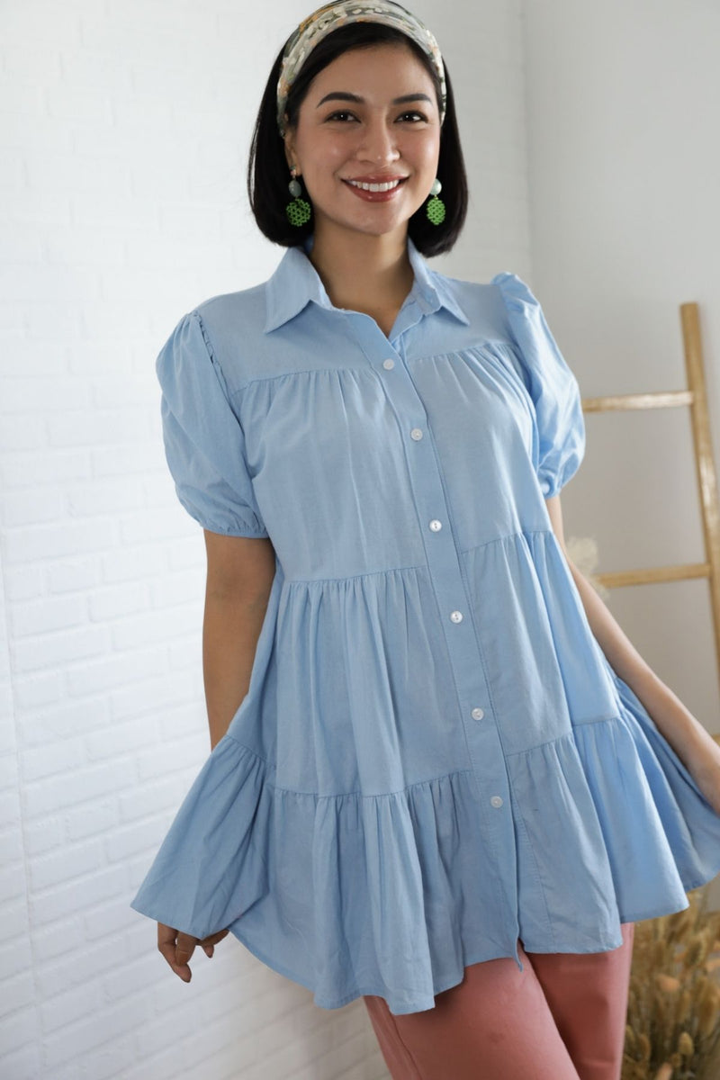 JULES Button-down Tiered Mini Dress (Powder Blue)